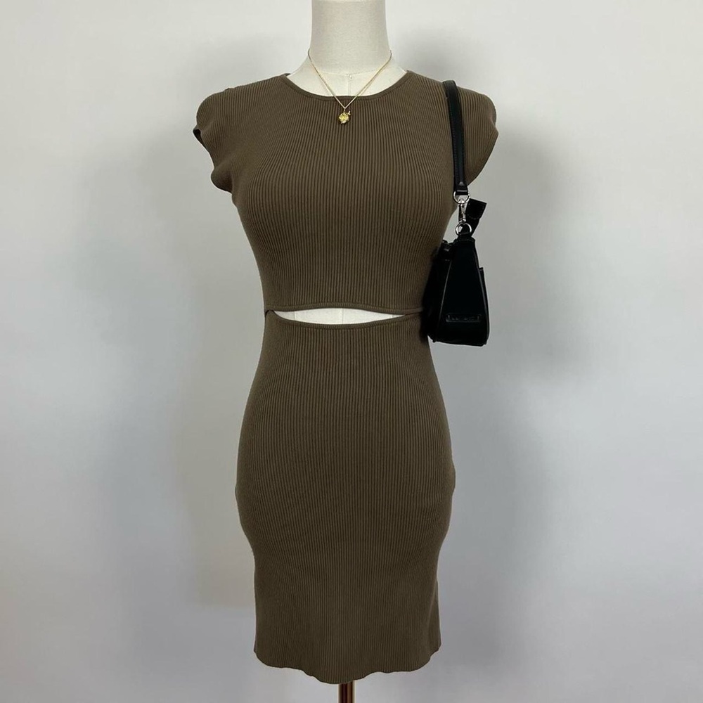 Tan light brown rib short sleeve cutout mini dress by Wilfred sold at aritzia